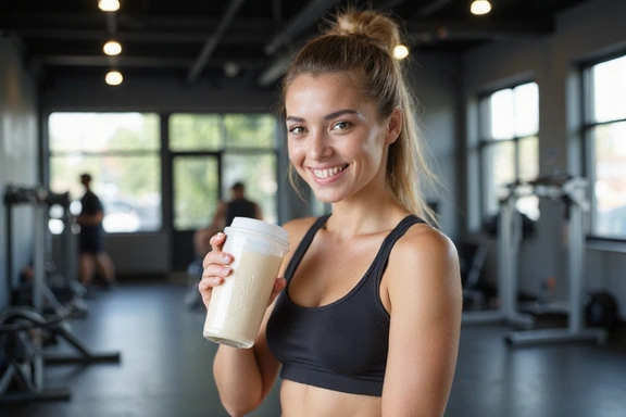 Mujer joven y sonriente bebiendo un batido de proteínas después de entrenar en un gimnasio moderno y luminoso.