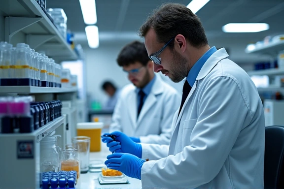 Un laboratorio moderno con equipos de investigación avanzados y científicos examinando muestras, representando la investigación y el desarrollo.