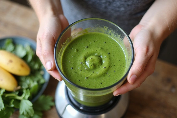Un primer plano de manos mezclando un batido verde en una licuadora, con ingredientes frescos como espinacas y plátano cerca.