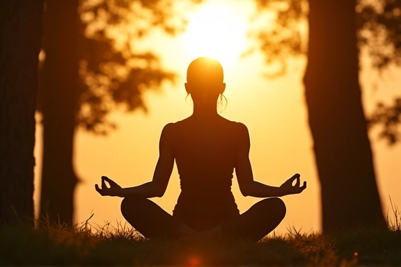 Una persona haciendo yoga al aire libre, con el sol brillando a través de los árboles, simbolizando la conexión con la naturaleza y el bienestar.