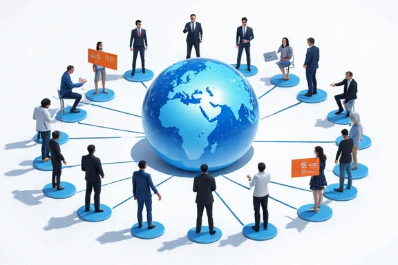 Ilustración de personas conectándose a través de diversas plataformas de comunicación digital.