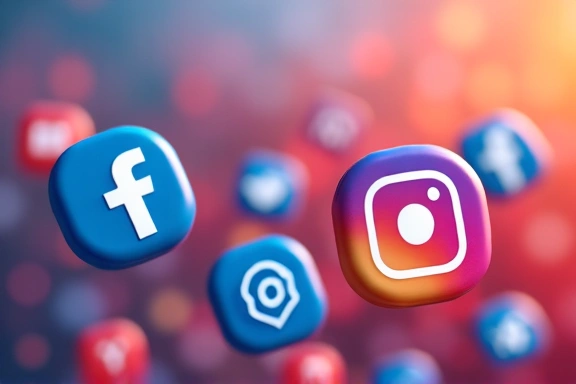 Logos de redes sociales como Facebook e Instagram flotando sobre un fondo vibrante, simbolizando la conexión digital.