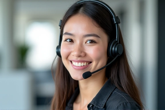 Representación visual de un servicio al cliente amigable y eficiente, con un agente sonriendo y auriculares.