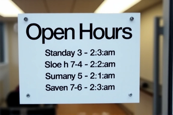 Un cartel de horario de oficina abierto en una puerta de cristal, indicando los días y horas de atención.