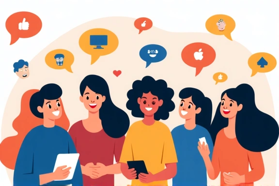 Un grupo de personas interactuando alegremente en línea a través de dispositivos móviles y computadoras, con iconos de 'me gusta' y 'compartir'.