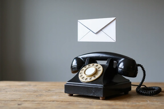 Un teléfono antiguo junto a un email flotando, simbolizando la comunicación tradicional y digital.