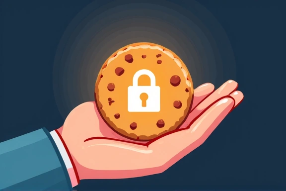 Ilustración de una persona sosteniendo una galleta digital con un icono de candado, representando la seguridad y la privacidad de las cookies.