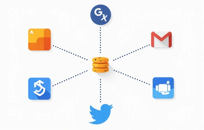 Representación visual de diferentes plataformas de terceros conectadas a un sitio web a través de cookies, incluyendo iconos de Google Analytics, Google Ads y redes sociales.