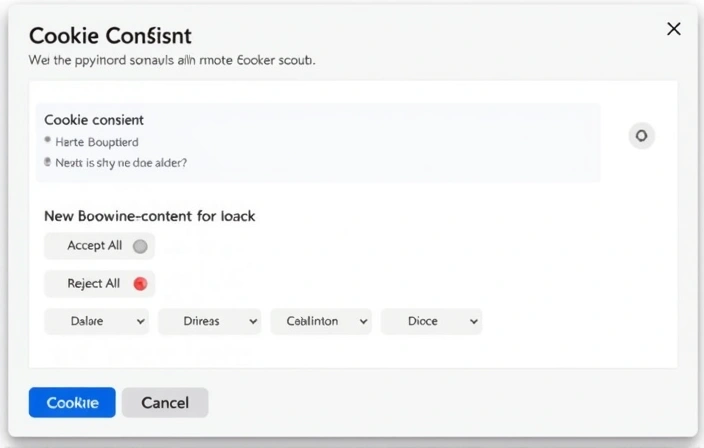 Ventana emergente de consentimiento de cookies con opciones para aceptar todas, rechazar todas o personalizar preferencias.