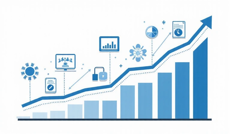Gráfico de análisis de datos con iconos de mejora y eficiencia.