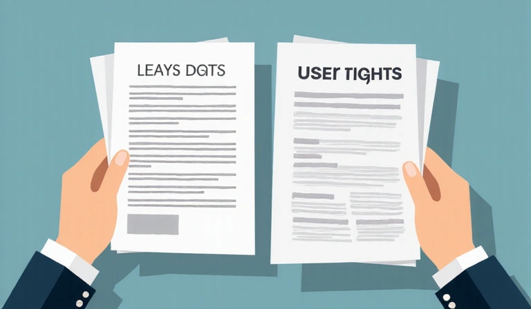 Ilustración de manos sosteniendo documentos legales, simbolizando los derechos del usuario.