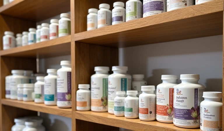 Variedad de suplementos naturales en un estante
