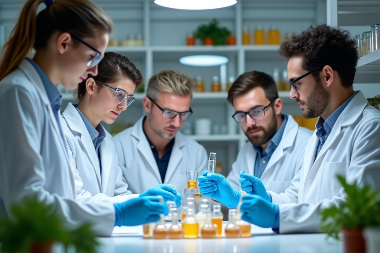 Personas trabajando en el laboratorio con ingredientes naturales